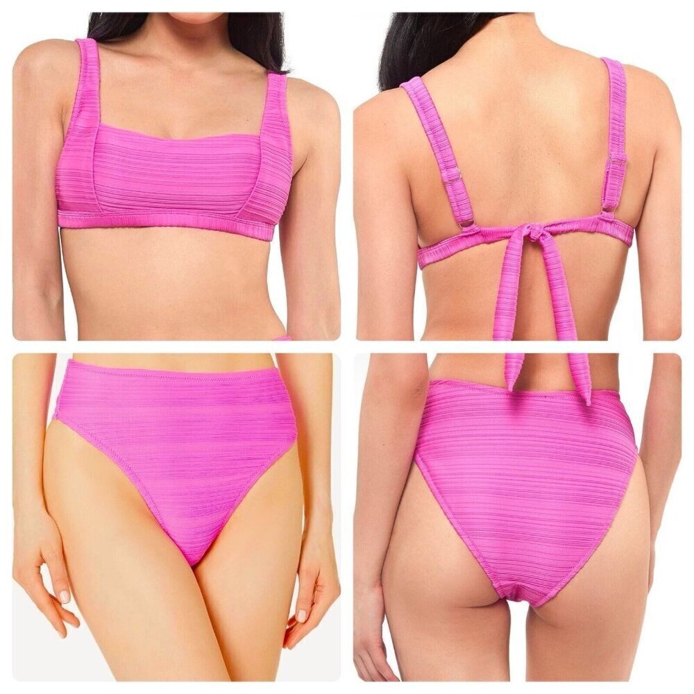 NWT Jessica Simpson‎ 2 Piece Swimsuit Bikini XL Pink Fuschia Ribbed High Waist
